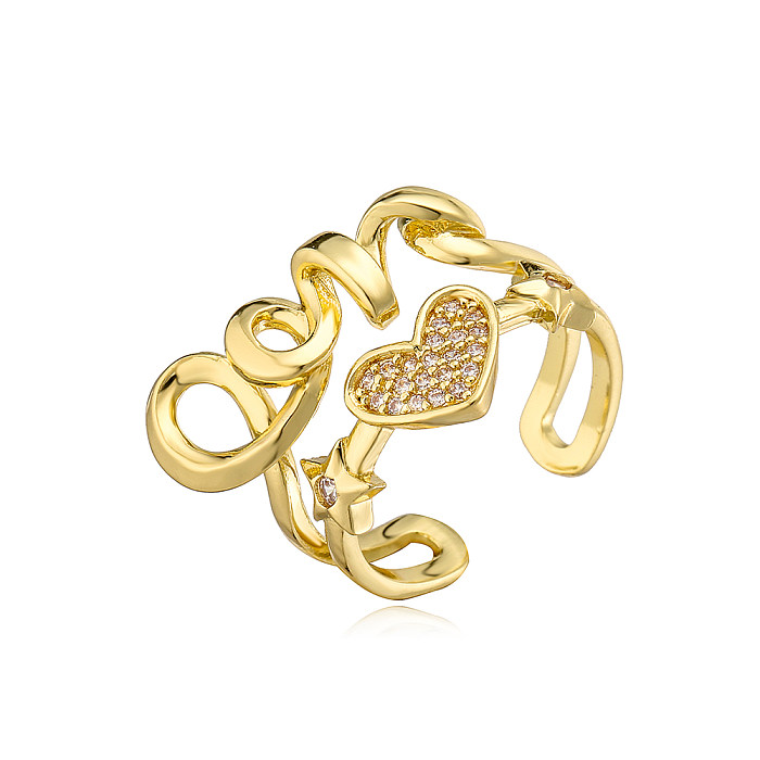 Anel aberto de cobre em formato de coração de amor fashion com zircônias banhado a ouro