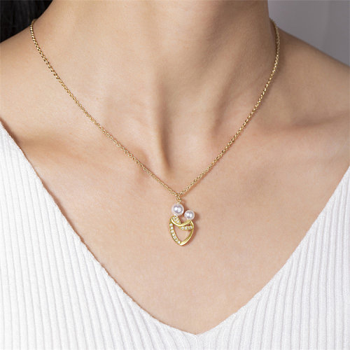 Casual Simple Style Classic Style Heart Shape Copper Gold Plated Artificial Pearls Artificial Diamond Pendant Necklace In Bulk