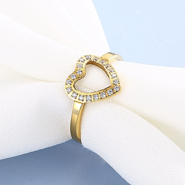 Anillos de diamantes de imitación chapados en acero inoxidable con forma de corazón de estilo simple 1 pieza