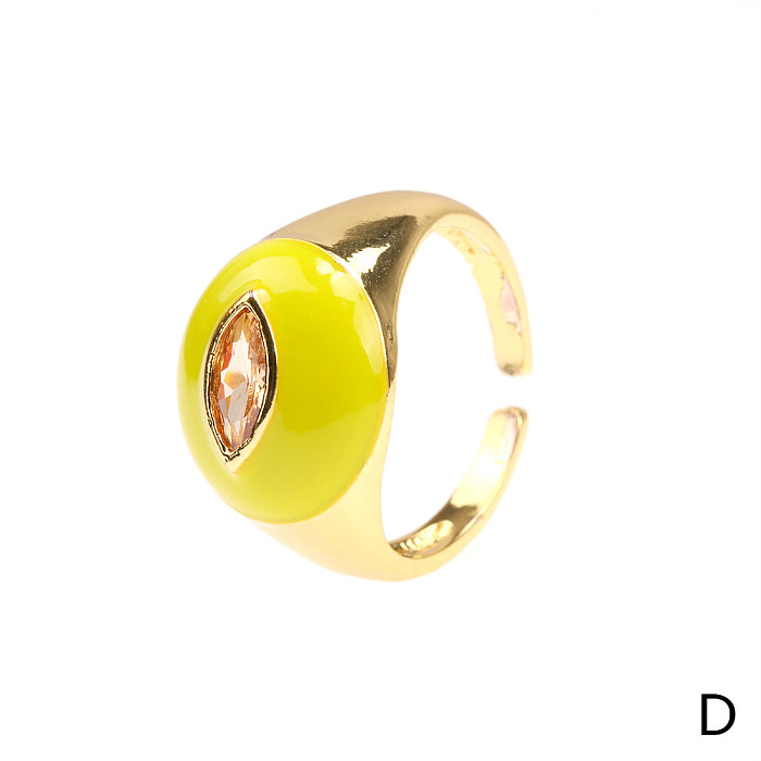 Retro Simple Style Water Droplets Copper Enamel Plating Inlay Zircon 18K Gold Plated Open Rings