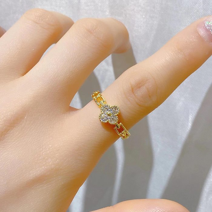 Simple Style Four Leaf Clover Round Flower Copper Plating Inlay Zircon Open Ring