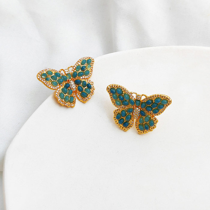 1 Pair Fashion Butterfly Copper Plating Inlay Resin Zircon Ear Studs