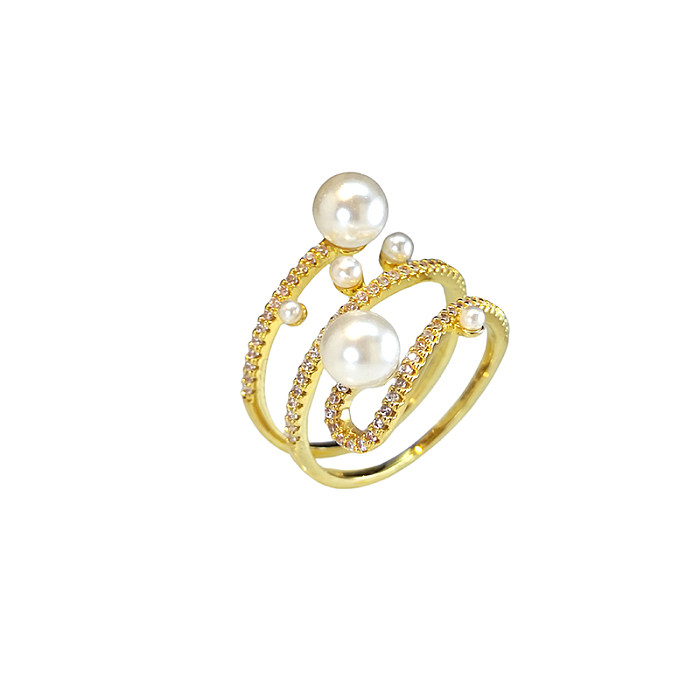IG Style luxueux trajet géométrique incrustation de cuivre perles artificielles strass plaqué or anneaux ouverts