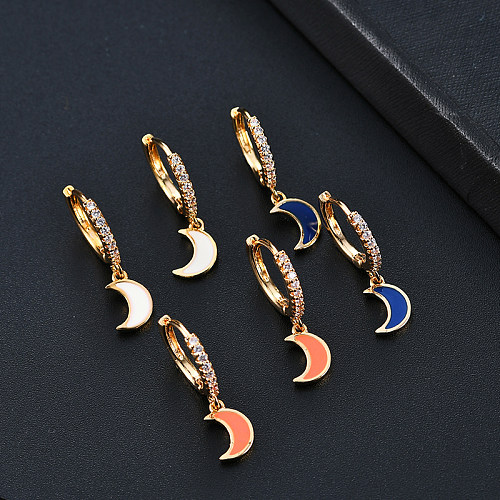 1 Paar IG Style Commute Moon Plating Inlay Kupfer Zirkon vergoldete Ohrhänger