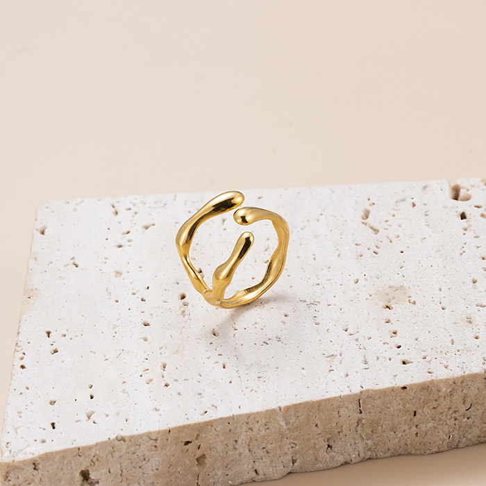 INS-Stil, Blatt-Edelstahlbeschichtung, ausgehöhlter, 18 Karat vergoldeter offener Ring