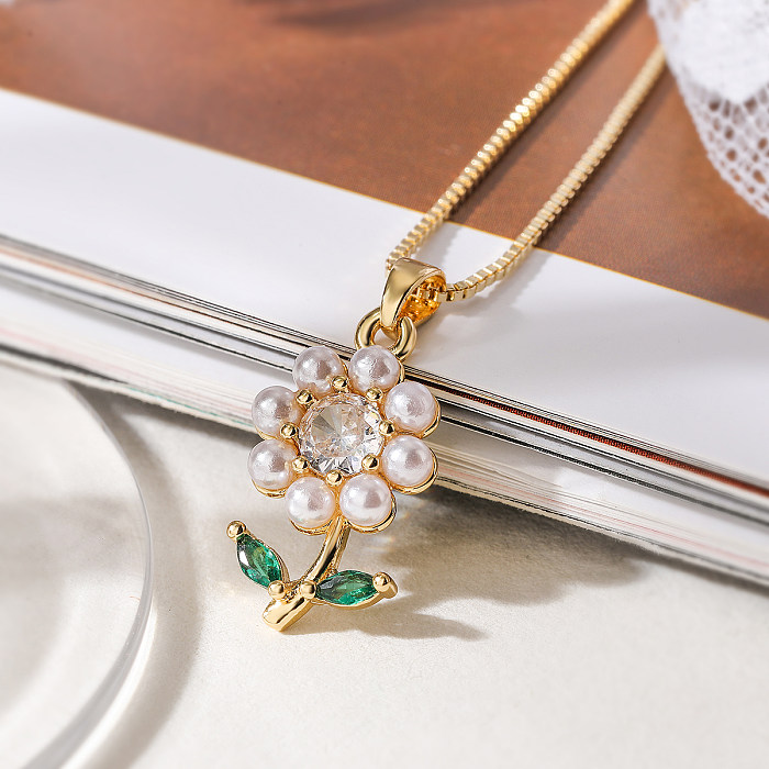Elegante estilo básico simples flor cobre 18K colar com pingente de zircão banhado a ouro a granel