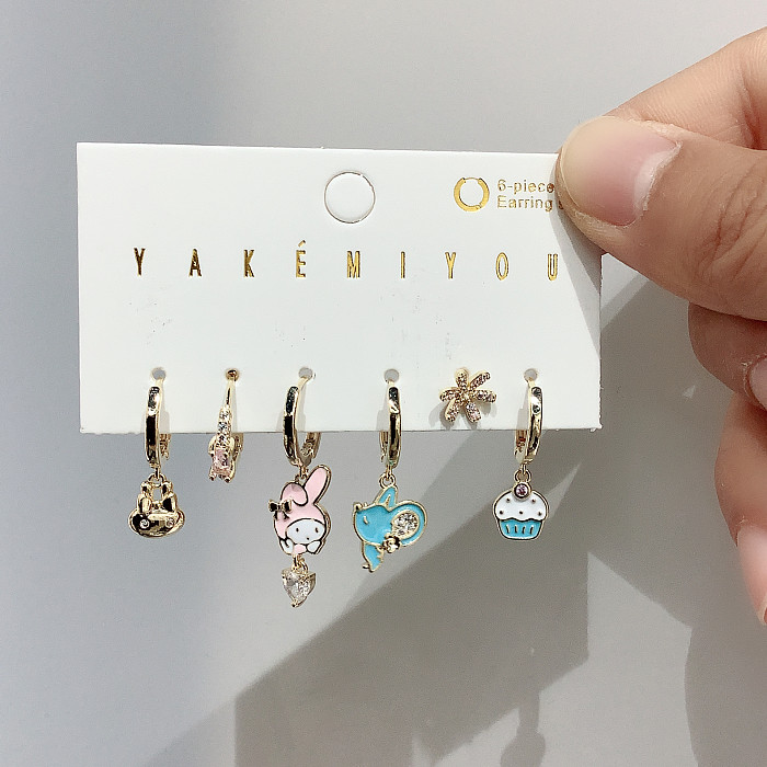 Yakemiyou Sweet Cartoon Copper Asymmetrical Enamel Zircon 14K Gold Plated Earrings