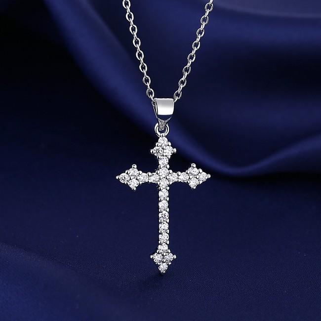 Simple Style Cross Titanium Steel Copper Plating Inlay Zircon White Gold Plated Pendant Necklace