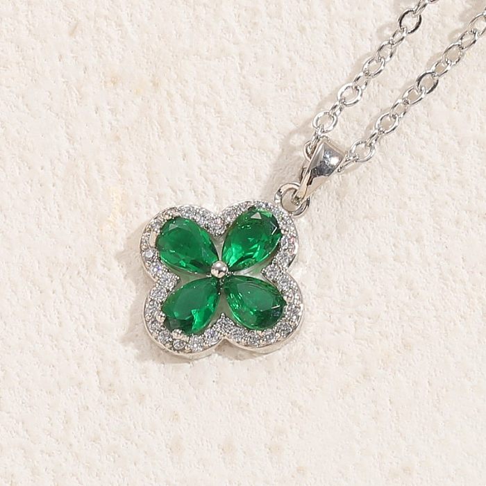 Elegant Luxurious Classic Style Four Leaf Clover Copper 14K Gold Plated Zircon Pendant Necklace In Bulk
