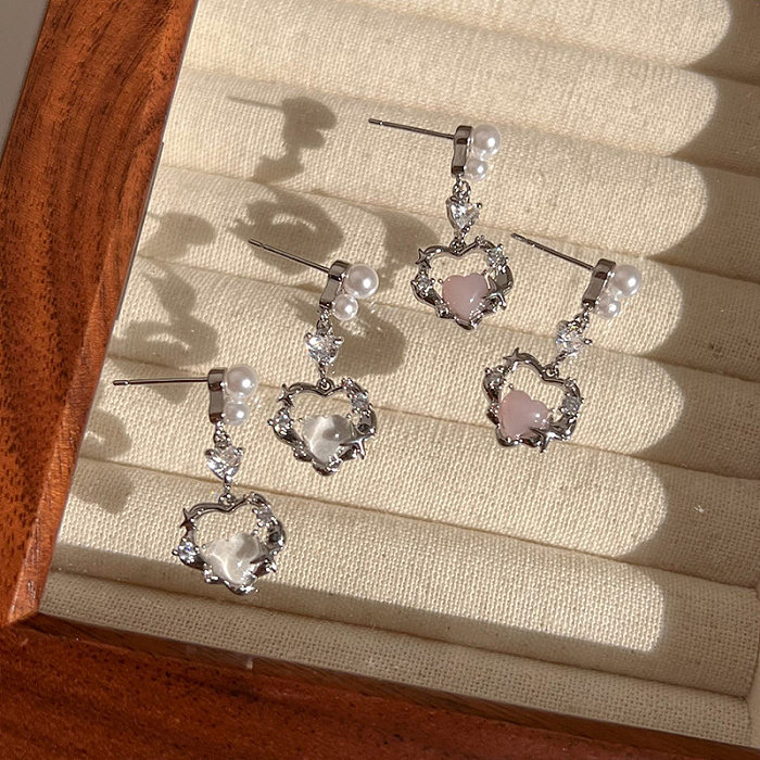 1 Pair Elegant Lady Shiny Heart Shape Plating Inlay Copper Copper Alloy Artificial Gemstones White Gold Plated Drop Earrings