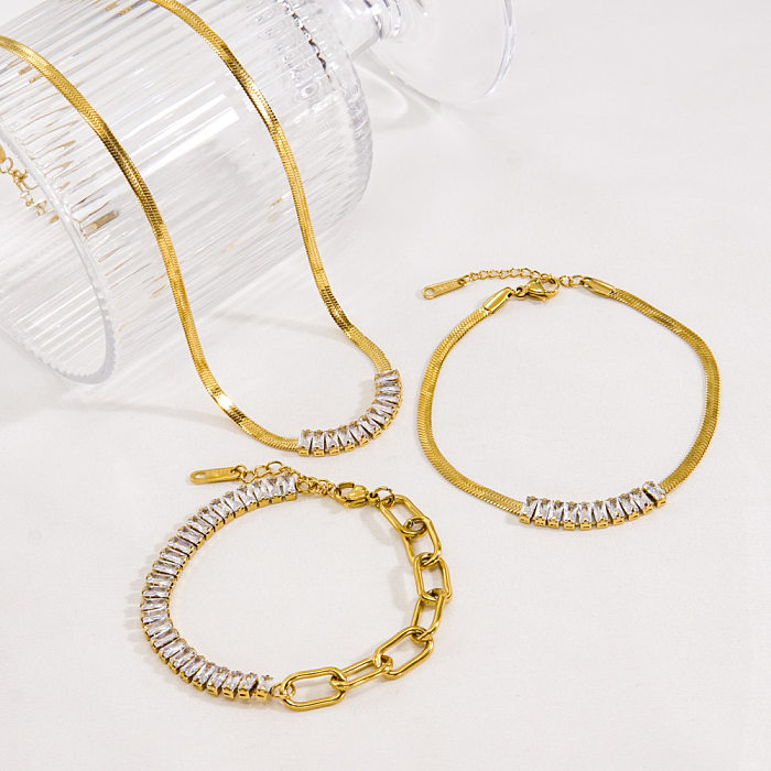 IG Style Square Titanium Steel Inlay Zircon Bracelets Anklet Necklace