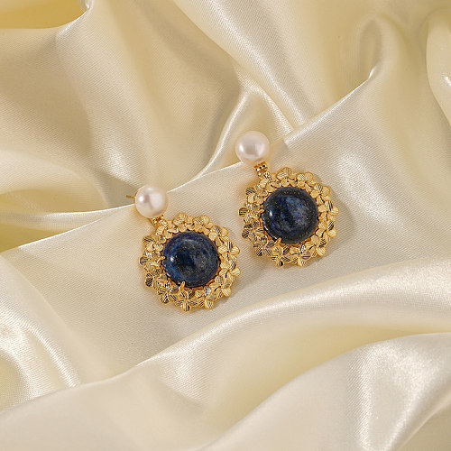 1 paire de clous d'oreilles plaqués or 18 carats, Style Vintage, incrustation de fleurs en cuivre Lapis Lazuli