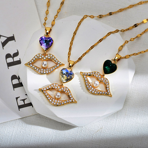 Streetwear Lippen Herzform Kupfer Inlay Künstliche Perlen Zirkon Anhänger Halskette