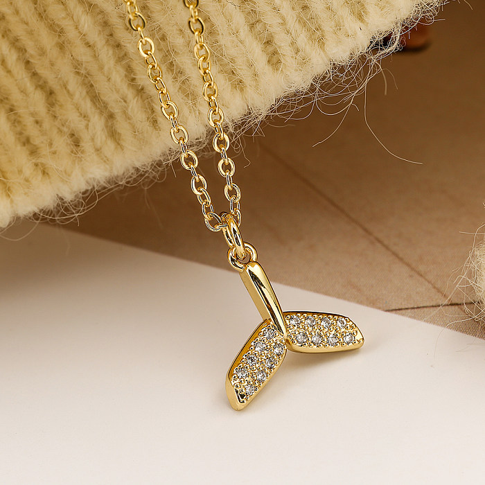 Simple Style Commute Butterfly Fish Tail Copper Plating Inlay Zircon 18K Gold Plated Pendant Necklace