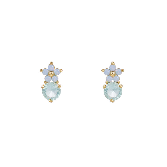 Simple Style Flower Brass Ear Studs Inlay Artificial Gemstones Copper Earrings