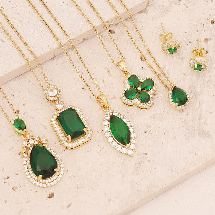 New Retro Emerald Zircon Inlaid Pendent Copper Necklace Clavicle Chain