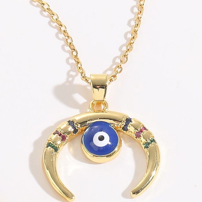 Retro Simple Style Devil'S Eye Moon Copper Enamel Plating Inlay Zircon 14K Gold Plated Pendant Necklace