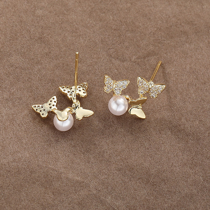 1 Pair Simple Style Butterfly Plating Inlay Copper Zircon Gold Plated Drop Earrings
