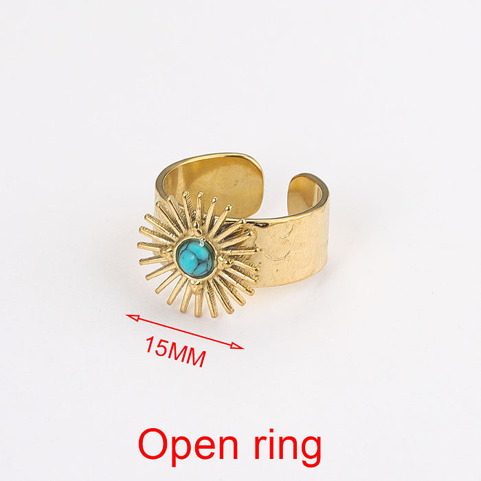 Anillo abierto geométrico de acero inoxidable con perlas artificiales y turquesa