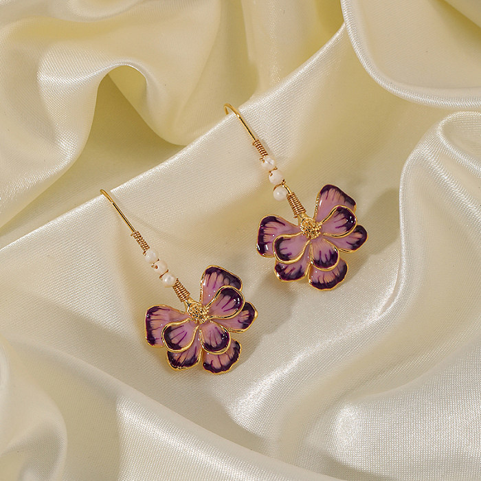 1 Pair Retro Commute Flower Beaded Copper 18K Gold Plated Ear Hook