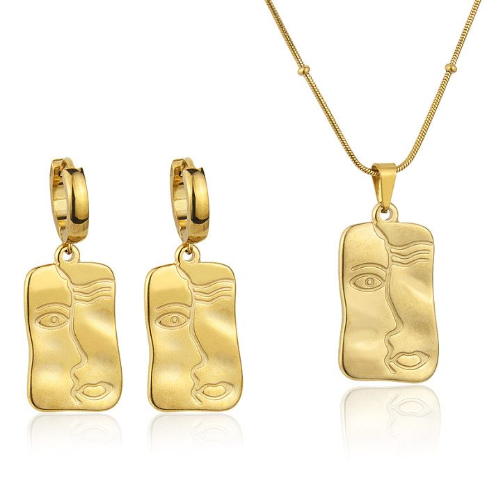 Fashion Human Face Stainless Steel Gold Plated Earrings Necklace