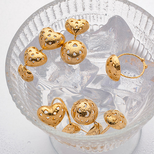 IG-Stil, lässig, rund, herzförmig, Edelstahl-Beschichtung, ausgehöhlt, 18 Karat vergoldete Ringe, Ohrringe