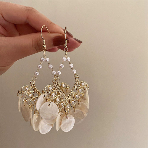 1 Pair Retro Ethnic Style Round Beaded Inlay Shell Copper Artificial Pearls Drop Earrings
