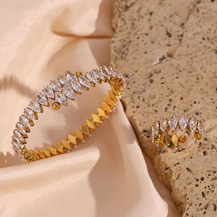 Estilo simples estilo clássico gotas de água chapeamento de aço inoxidável incrustação zircão 18k anéis banhados a ouro pulseiras