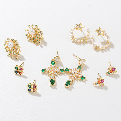 Mode Kreuz Vierblättriges Kleeblatt Libelle Kupfer Inlay Künstliche Perlen Zirkon Ohrringe 1 Paar