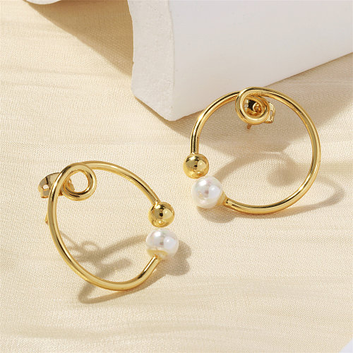 1 paire de boucles d'oreilles pendantes en cuivre plaqué or 18 carats, Style Vintage, placage rond exagéré, perles d'eau douce