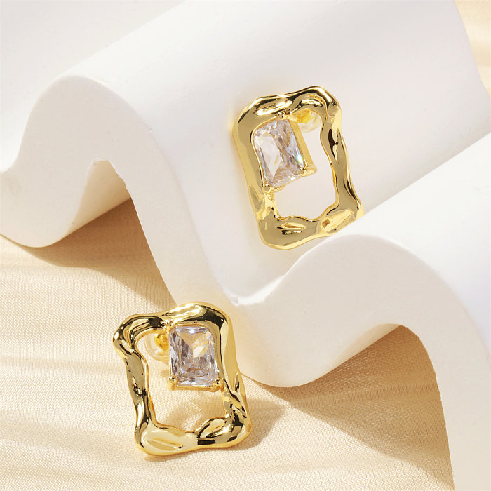 1 Pair Simple Style Commute Irregular Square Plating Inlay Copper Zircon 18K Gold Plated Earrings