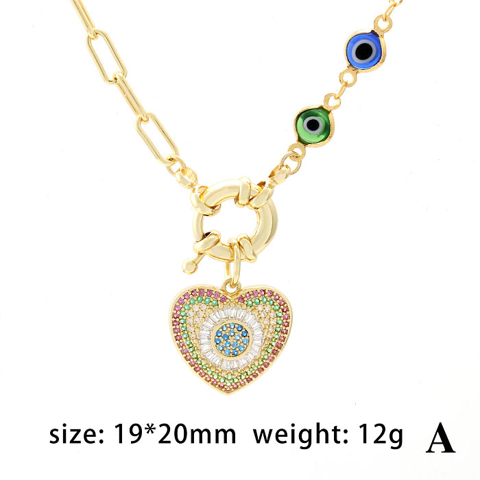 Ethnic Style Devil'S Eye Heart Shape Glass Copper Plating Inlay Zircon 18K Gold Plated Necklace