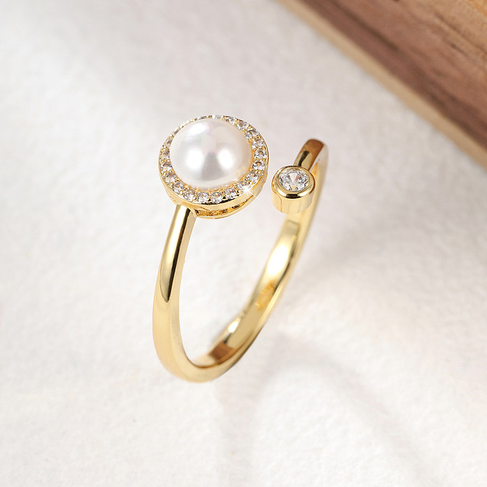 Elegant Flower Copper Plating Artificial Pearls Zircon Open Ring 1 Piece