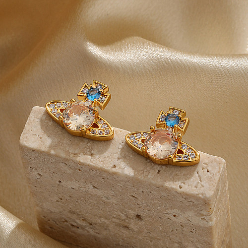 1 Paar einfache Teufelsauge-Ohrringe mit Inlay-Kupfer-Zirkon-Vergoldung und 18-Karat-Vergoldung
