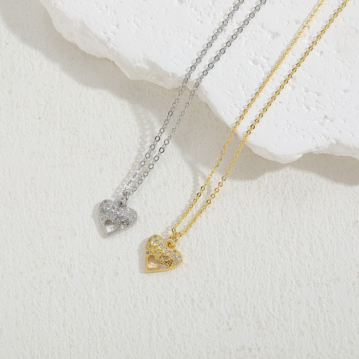 IG Style Love Heart Shape Chapeamento de cobre oco incrustação de zircão colar com pingente banhado a ouro 14K