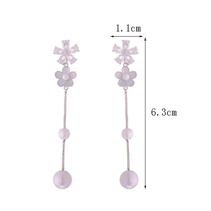 1 Pair Sweet Simple Style Flower Plating Inlay Copper Artificial Pearls Zircon Silver Plated Drop Earrings
