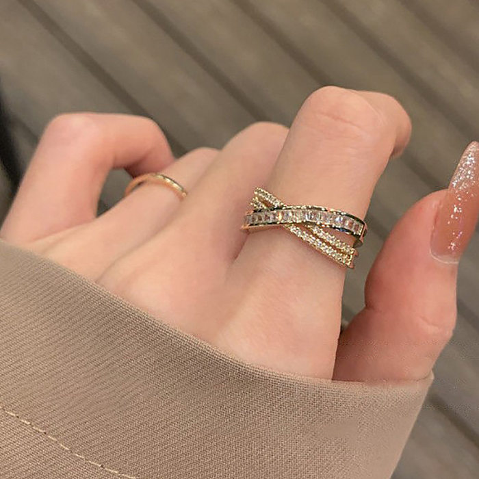 Anillo ajustable con apertura Simple, anillo de dedo índice de cobre con diamantes completos cruzados, venta al por mayor