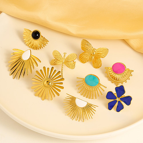 Anillos chapados en oro con incrustaciones de esmalte de acero inoxidable, mariposa, flor de sector exagerada, estilo vintage