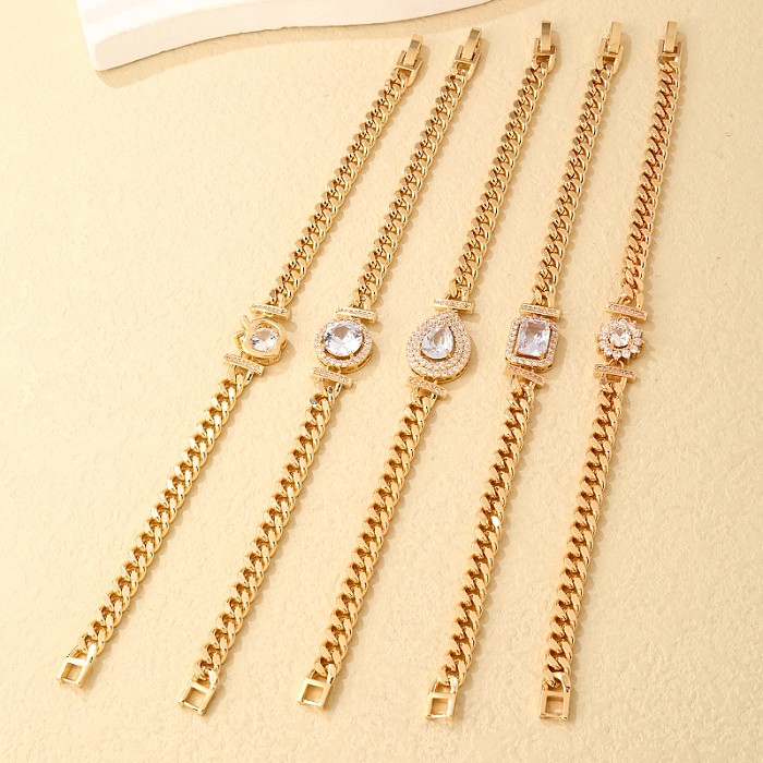 IG Style Shiny Round Water Droplets Flower Stainless Steel Copper Plating Inlay Zircon Gold Plated Bracelets