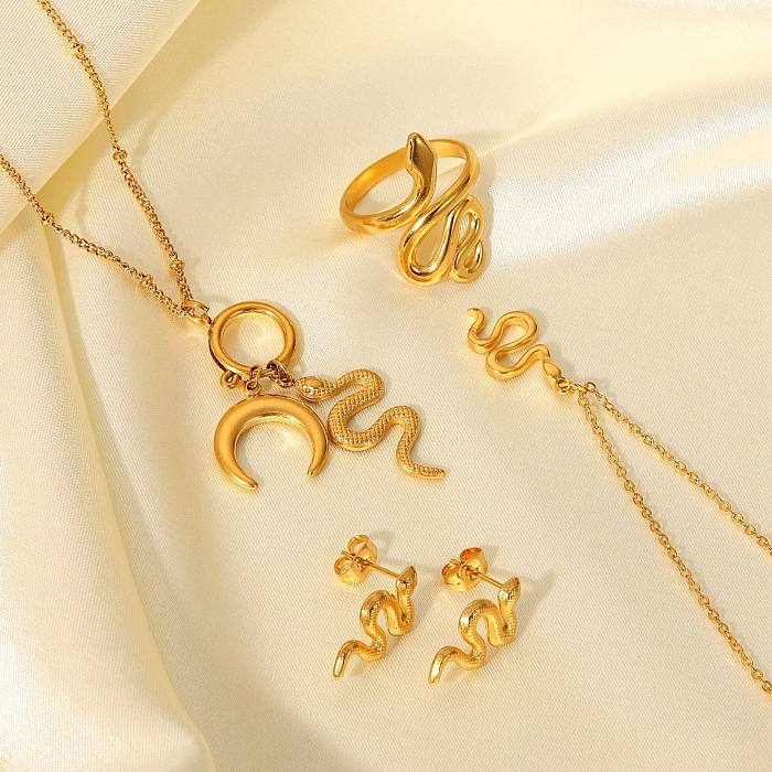 Fashion Retro 18K Gold Stainless Steel Snake-shaped Pendant Earrings Titanium Steel Ring