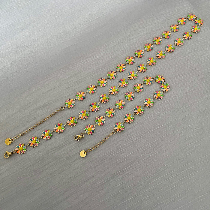 1 ensemble de bracelets et colliers en acier inoxydable et émail pour femmes, fleur douce