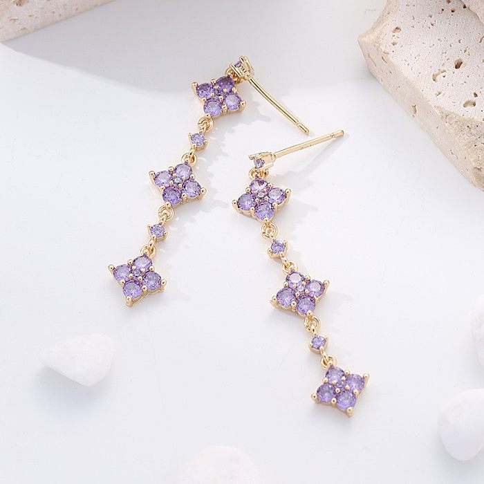 1 paire de boucles d'oreilles pendantes Glam brillantes avec incrustation de placage de fleurs en cuivre et Zircon plaqué or 18 carats