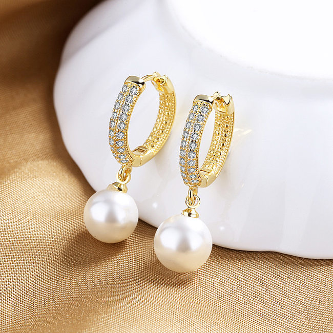 1 Pair Retro Geometric Copper Inlay Artificial Pearls Zircon Drop Earrings