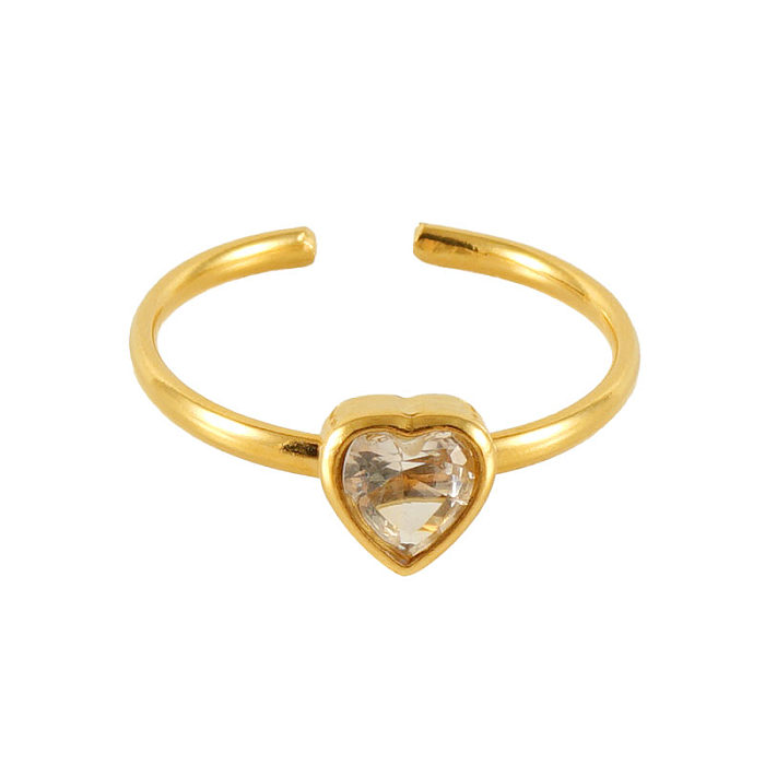Casual Cute Square Heart Shape Flower Stainless Steel Plating Inlay Zircon 18K Gold Plated Open Ring