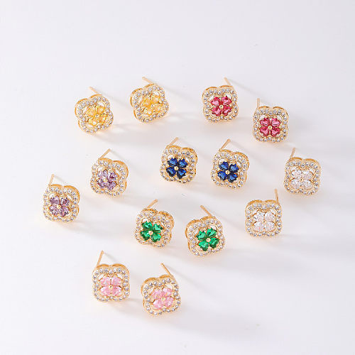 1 Pair Elegant Retro Four Leaf Clover Plating Inlay Copper Zircon Gold Plated Ear Studs
