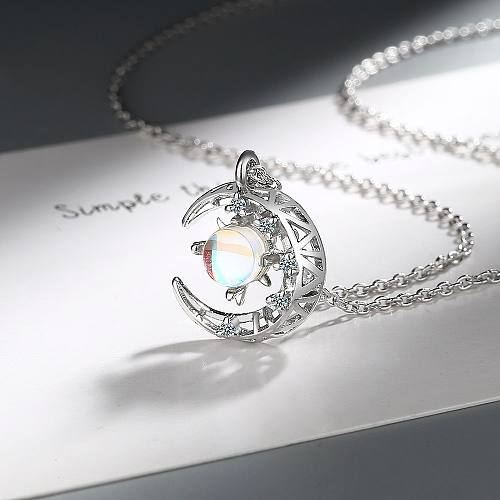 Simple Style Star Moon Copper Plating Inlay Moonstone Zircon Pendant Necklace