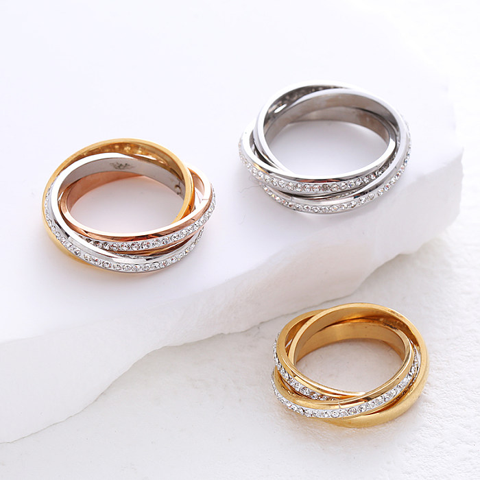 Simple Style Solid Color Stainless Steel Plating Inlay Rhinestones 24K Gold Plated Rings