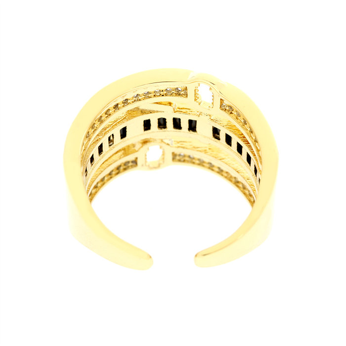 Luxuriöser offener Ring mit geometrischem Kupfer-Inlay und Zirkon-Vergoldung
