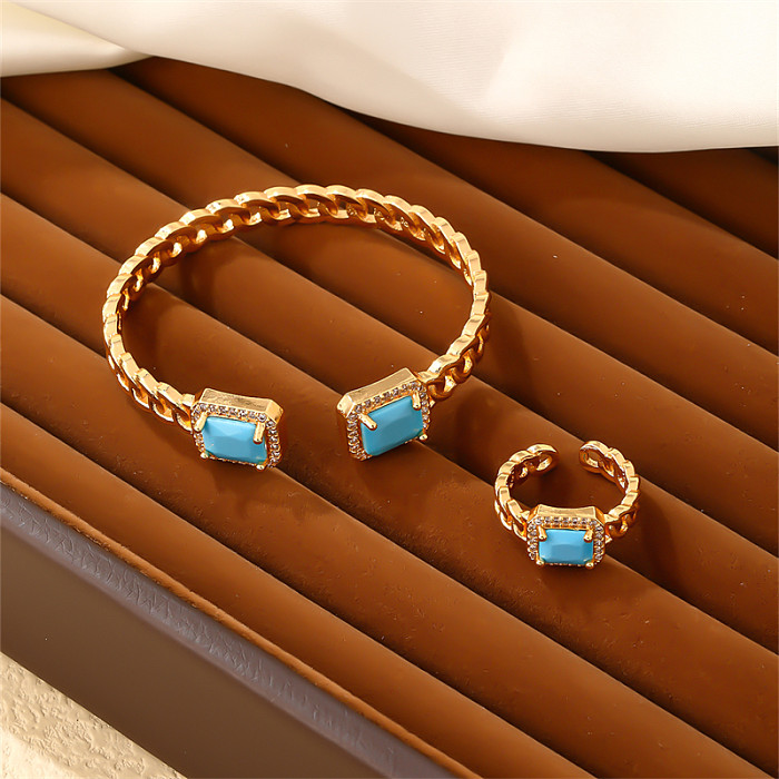 Elegant Glam Vintage Style Geometric Rectangle Copper Plating Inlay Zircon Gold Plated Rings Bracelets