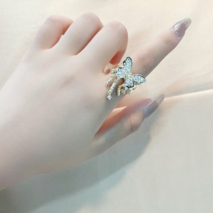 Casual Sweet Shiny Butterfly Copper Plating Inlay Zircon White Gold Plated Gold Plated Open Rings